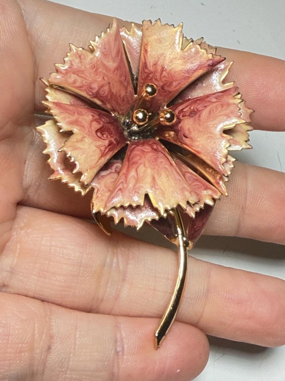 Pink Enamel Flower Brooch Vintage 3D Floral 2.25 inches